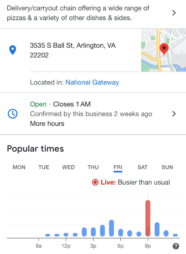 薄餅指數|Ben Geller聲稱,日前五角大樓附近的薄餅店,生意不尋常地激增(圖中紅色位置),認為這反映五角大樓人員加班,擔心有大事即將發生。(互聯網)