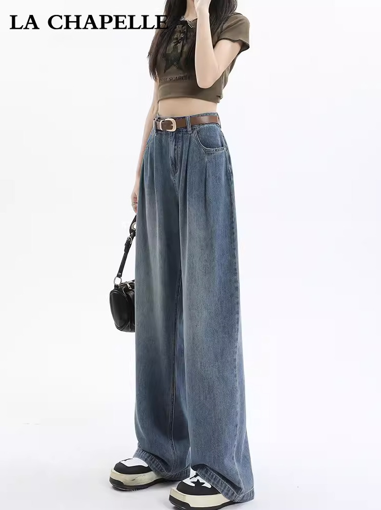 拉夏貝爾窄版闊腿牛仔褲女夏季薄款 2024 新款 高腰寬鬆直筒拖地褲子 限時特價¥80.9