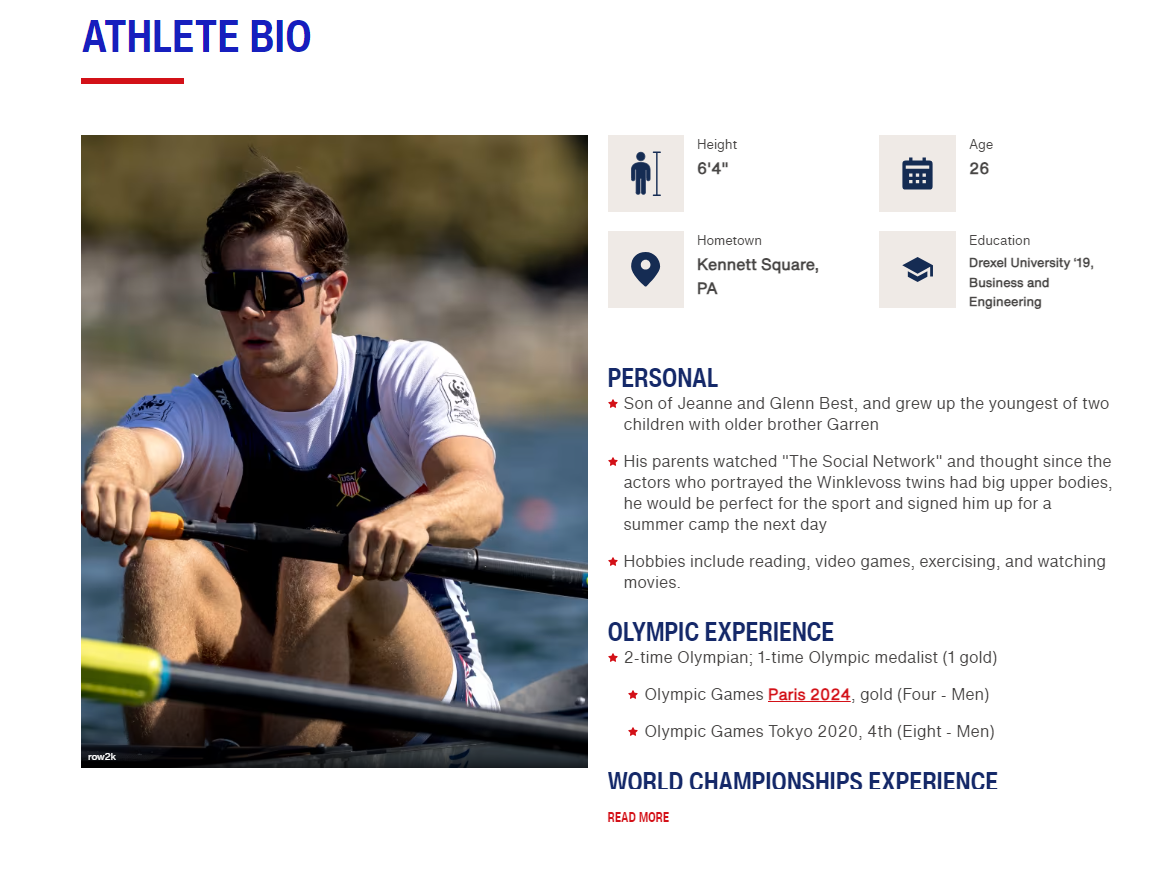 巴黎奧運|26歲iBanker代表美國出賽,為美國賽艇隊在64在年來,奪得第一面金牌。(美國國家隊網站)