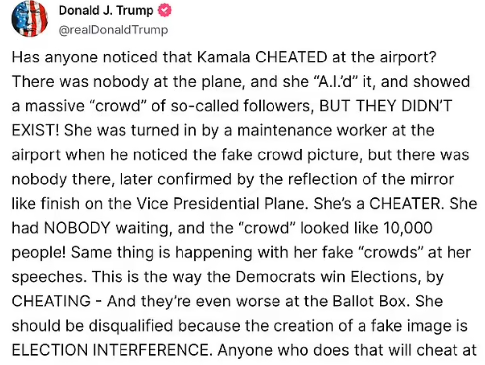 特朗普指賀錦麗照片用AI做手腳。(互聯網)