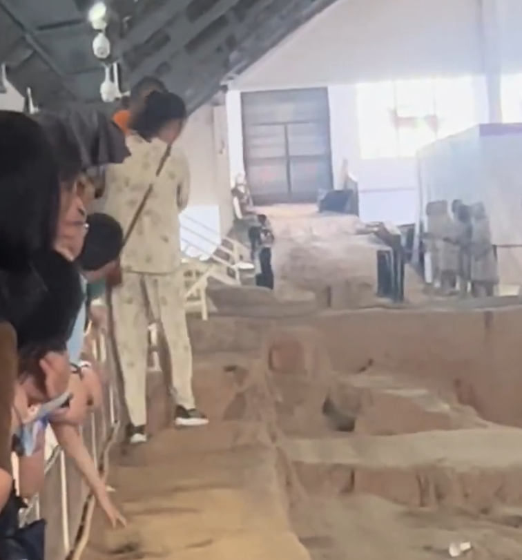 一名母親抱孩子參觀時,突直接跨過護欄走在兵馬俑坑坑道上,最終被保安帶走。(影片截圖)