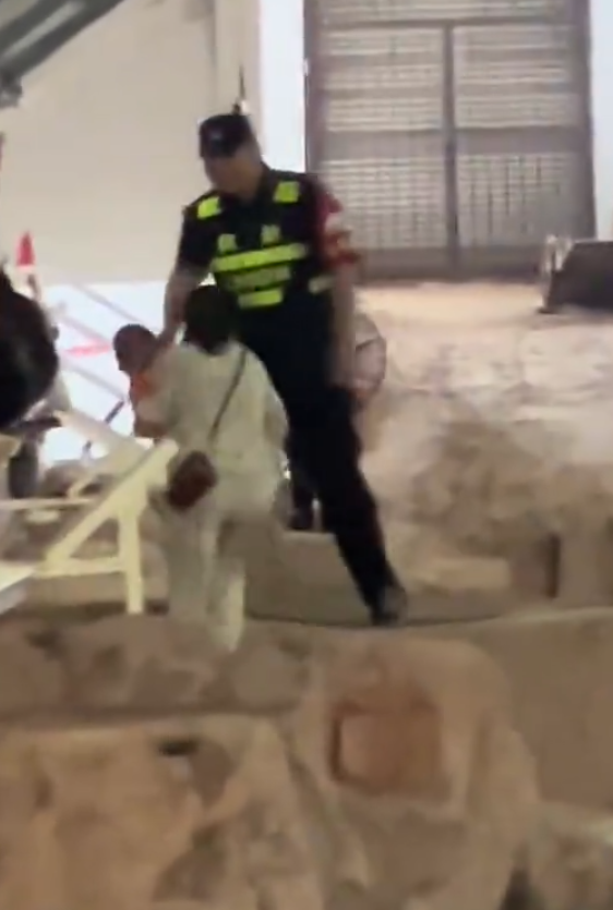 一名母親抱孩子參觀時,突直接跨過護欄走在兵馬俑坑坑道上,最終被保安帶走。(影片截圖)