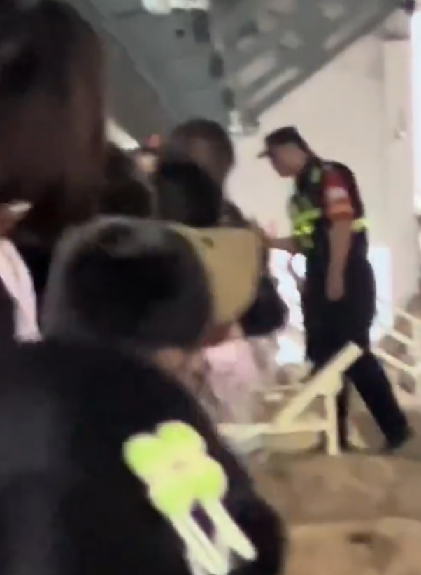 一名母親抱孩子參觀時,突直接跨過護欄走在兵馬俑坑坑道上,最終被保安帶走。(影片截圖)