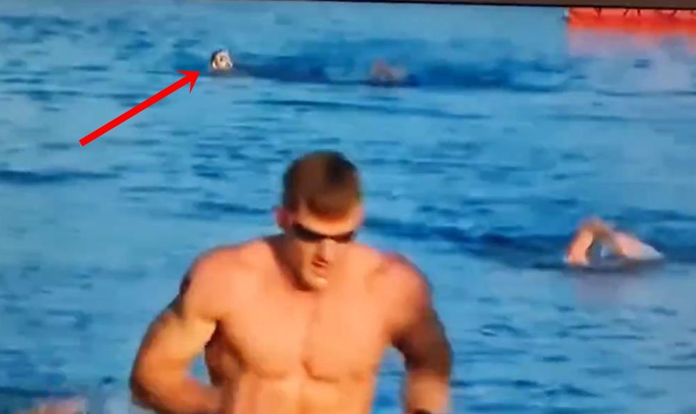多名選手在水中游泳,疑似是Lazar的身影突然停下,接著便開始隨海浪上下浮動。(X)