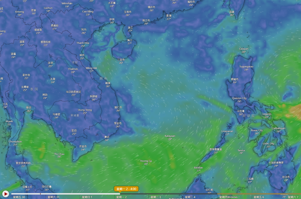 歐洲中期天氣預報中心(ECMWF),預計颱風摩羯將於下周二至三在南海生成。(Windy.com網站截圖)