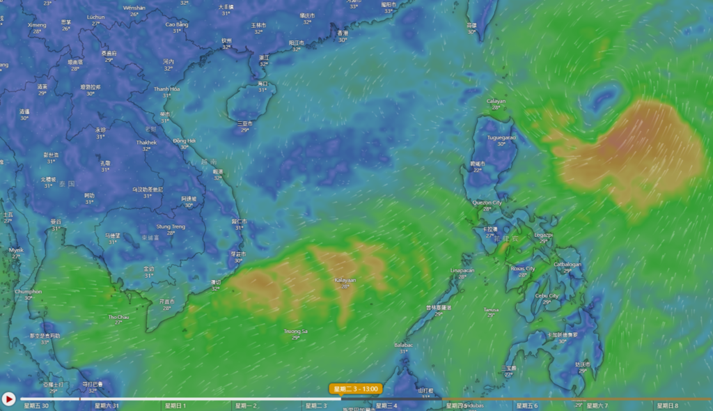 歐洲中期天氣預報中心(ECMWF),預計颱風摩羯將於下周二至三在南海生成。(Windy.com網站截圖)