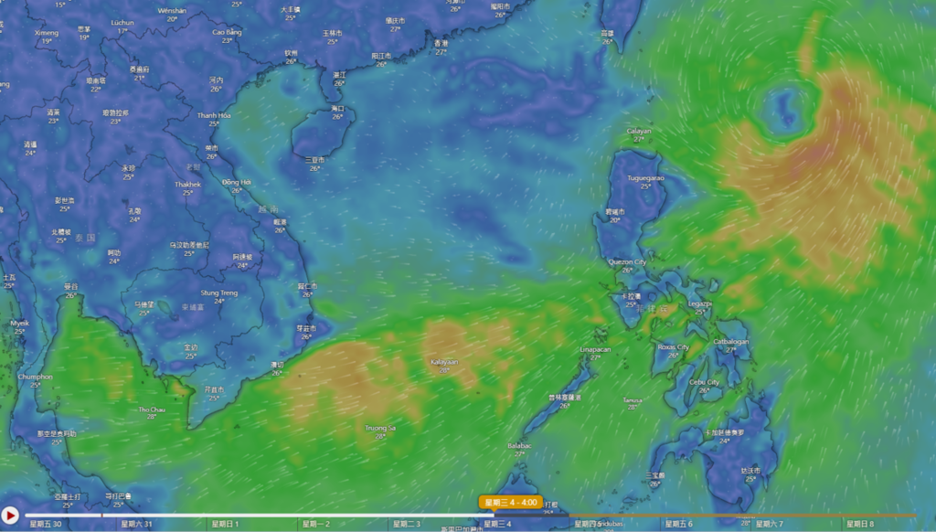 歐洲中期天氣預報中心(ECMWF),預計颱風摩羯將於下周二至三在南海生成。(Windy.com網站截圖)