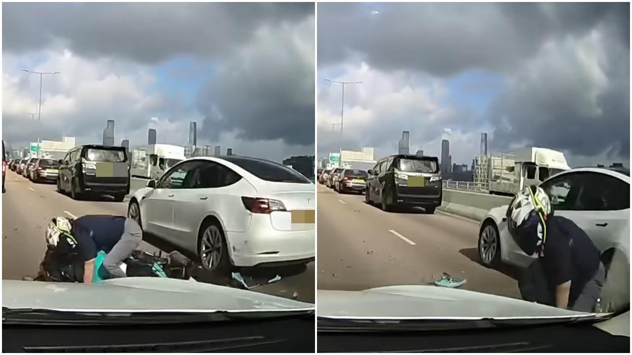 車Cam直擊|東區走廊追尾Tesla摔倒,鐵騎士險被輾。(網片截圖)