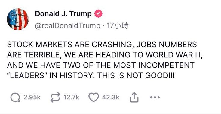 特朗普在他創辦的社交媒體上,將美股冧市歸咎於賀錦麗身上。(特朗普Truth Social截圖)