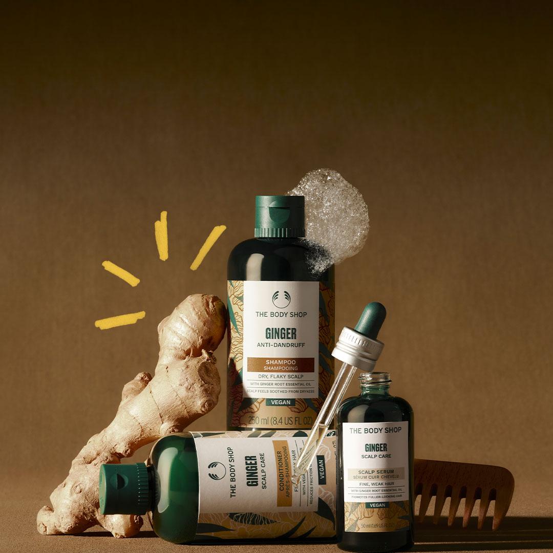 頭皮護髮精華推介|The Body Shop 生薑護理精華 $179/50ml、生薑頭皮護理洗髮露 $85/250ml, $115/400ml、生薑頭皮護理護髮素 $85/250ml, $115/400ml