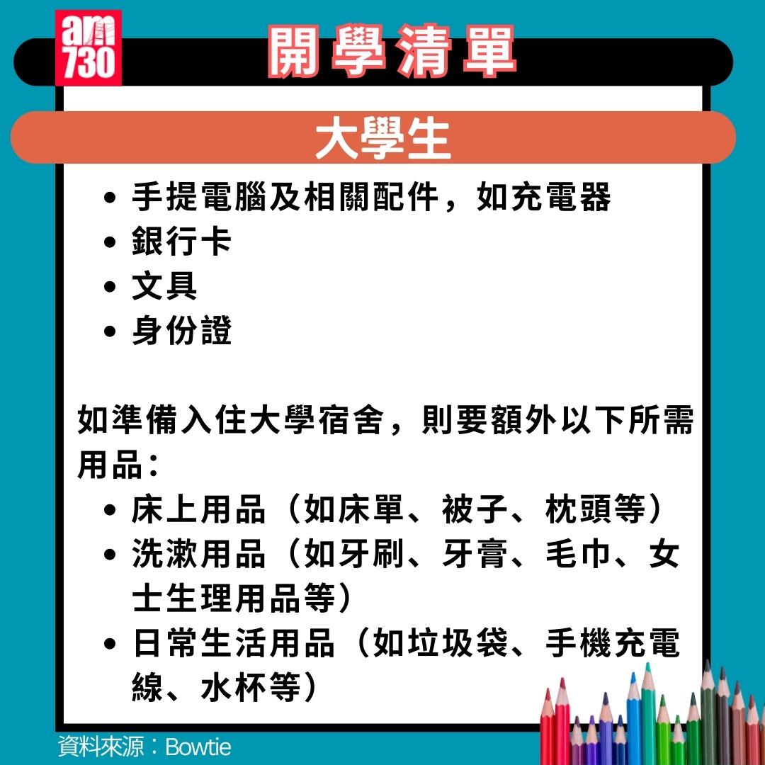 開學準備| 幼稚園/小學/中學/大學清單(am730製圖)