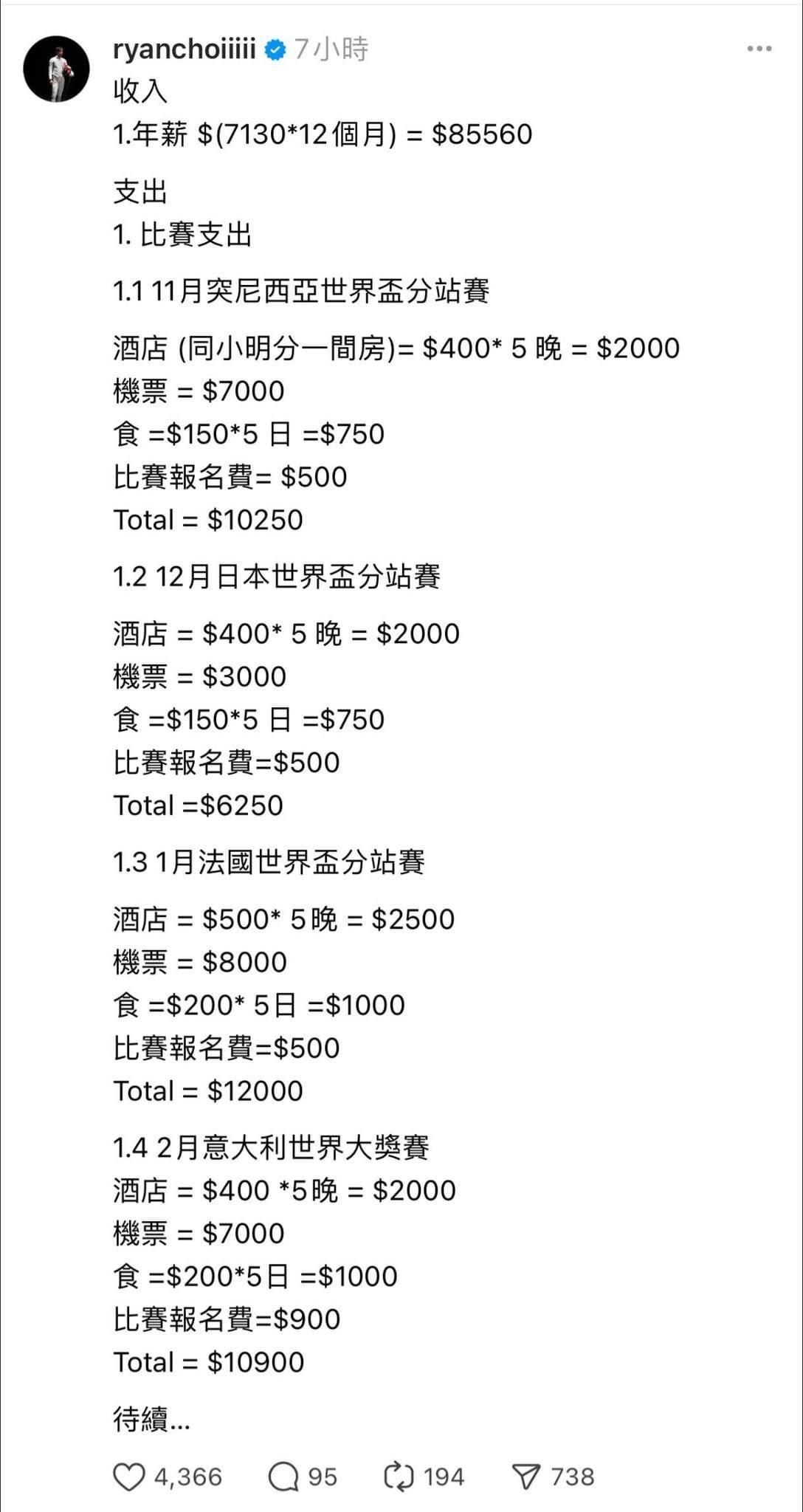 蔡俊彥在社交平台Threads發文披露「成年隊」運動員隊友收入,不過一日後清空所有帖文。