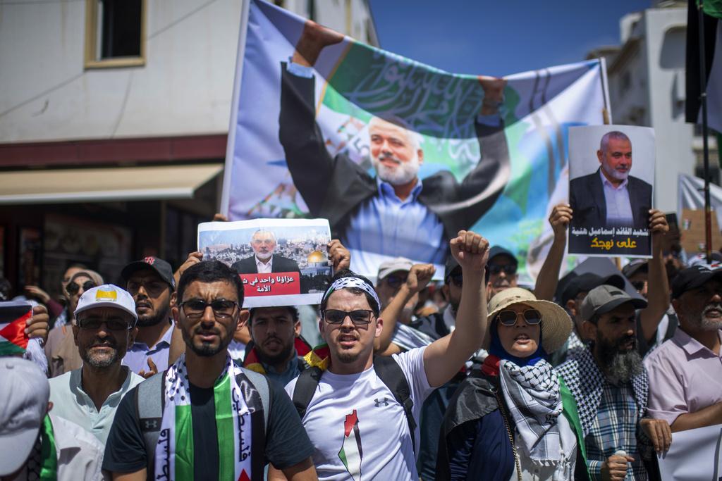 摩洛哥早前有民眾集會,抗議以色列暗殺哈尼亞。(美聯社)