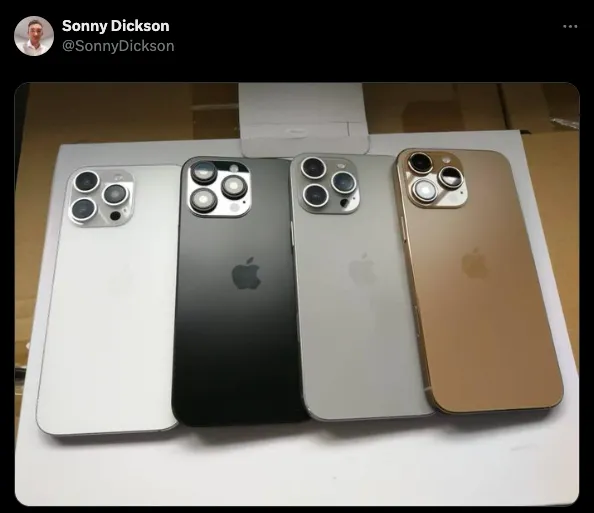 早前爆料玫瑰鈦色的Sonny Dickson最近再次出擊,在其個人社交媒體「X」上發布了一張疑似iPhone 16 Pro的四種顏色機身照片。
