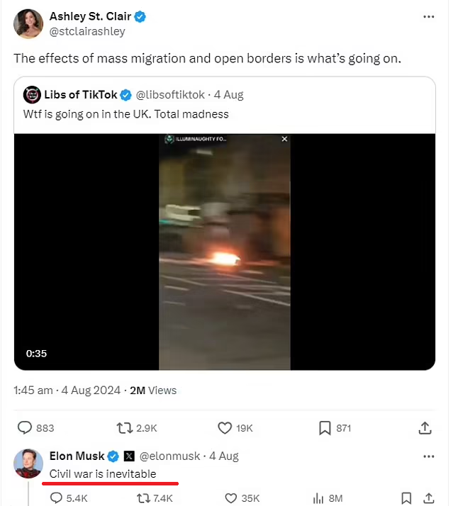 馬斯克留言稱英國「內戰在所難免」。(互聯網)