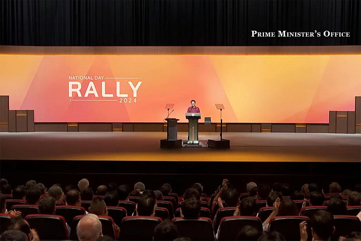 新加坡總理黃循財發表任內首場國慶群眾大會演說。(新加坡總理公署直播截圖)