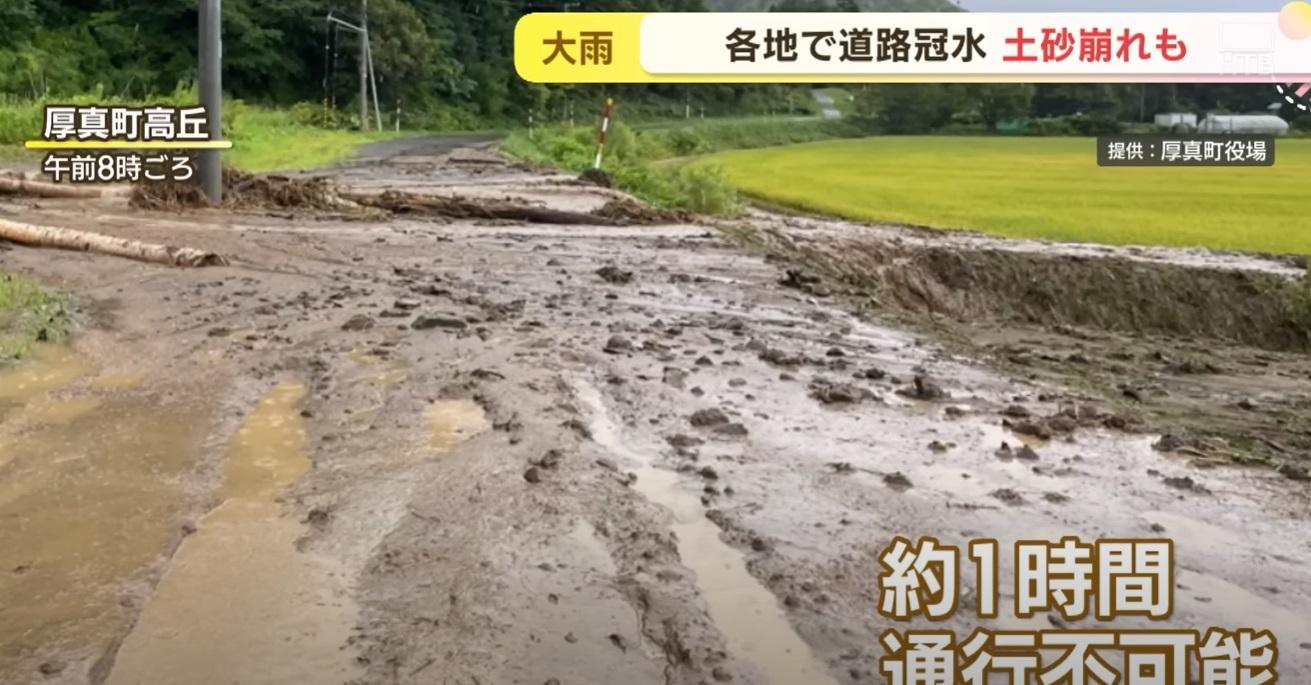 北海道厚真町高丘山泥傾瀉,切斷路道。(互聯網)