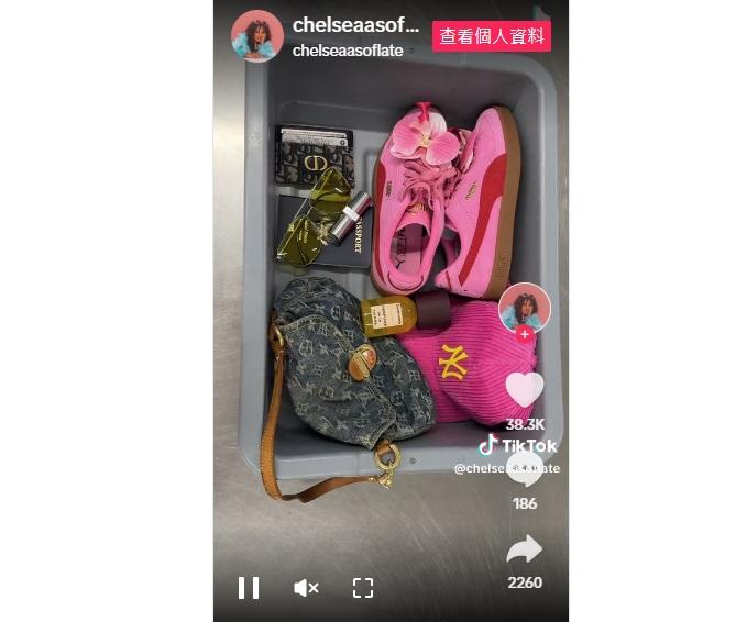 網紅恩里克斯拍片展示她與朋友把隨身物品整齊地放在安檢托盤內。(互聯網)
