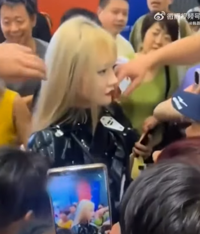 北京「2024世界機器人大會」,有由真人經特技化妝扮成的機器人,期間被觀眾亂摸。(影片截圖)