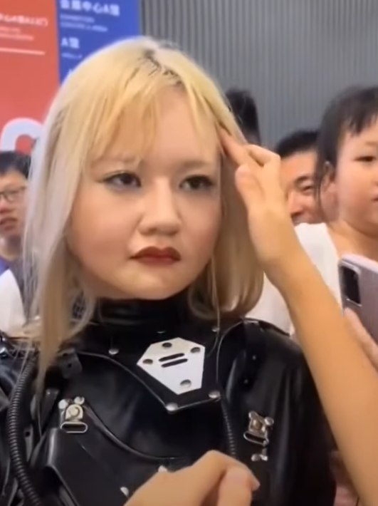 北京「2024世界機器人大會」,有由真人經特技化妝扮成的機器人,期間被觀眾亂摸。(影片截圖)