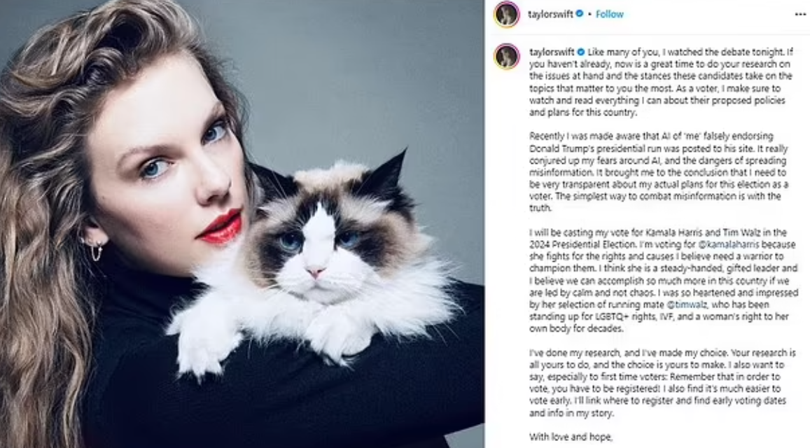 Taylor Swift表態支持賀錦麗。(互聯網)