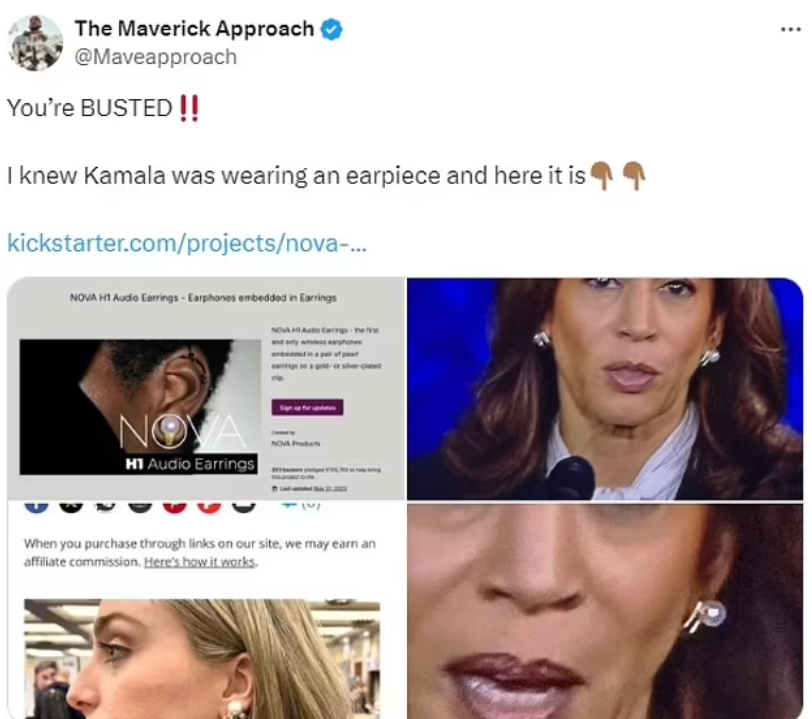 有陰謀論指賀錦麗戴的是NOVA的「智能耳環」。(互聯網)