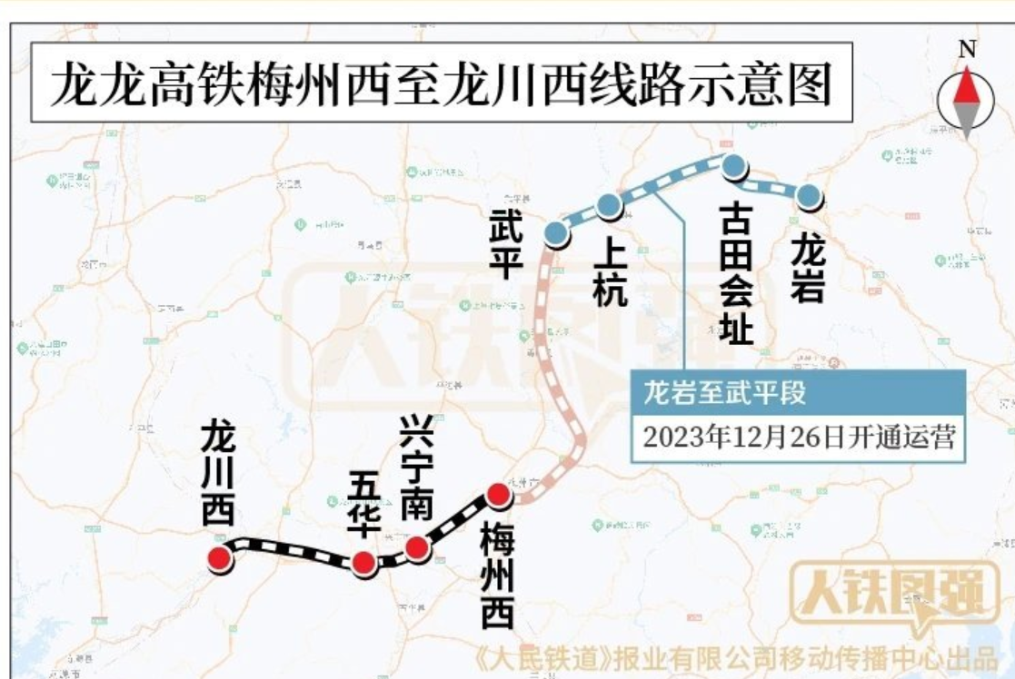 此次開通的梅州西至龍川西段線路全長98公里,設計時速達350公里,設梅州西、興寧南、五華、龍川西4座車站,其中興寧南、五華站為新建車站。(網上圖片)