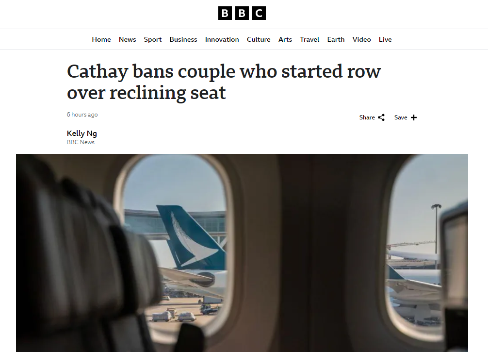 國泰調椅背風波|英國廣播公司(BBC)的報道。(互聯網)