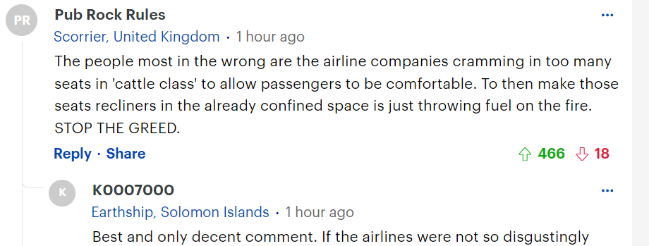最多人like的留言指「最錯是航空公司」,指其把太多座位塞入經濟艙。(互聯網)