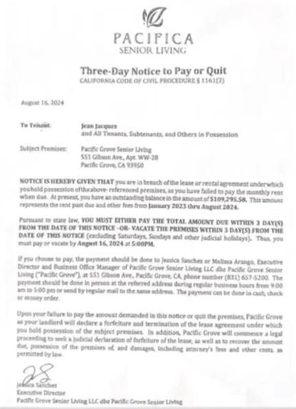 「太平洋海岸高齡公寓」向Jean發出一張驅逐通知書。(網上圖片)