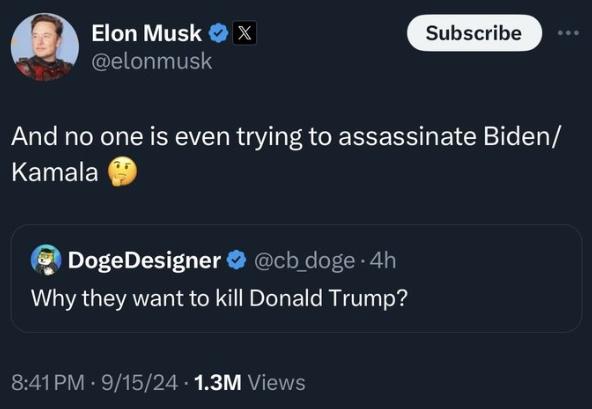 馬斯克在X上發文指「甚至沒人試圖暗殺拜登和賀錦麗」。(X)