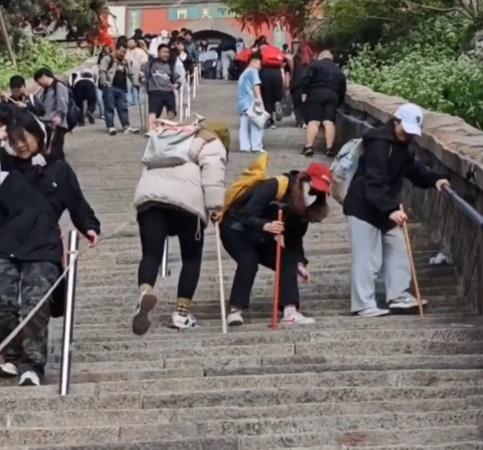 爬泰山對於體力和毅力都有較高的要求,對於登山者是一次不小的考驗,因此衍生出了「陪爬」的行業。(微博)