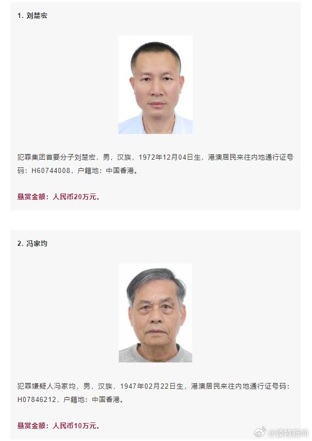 通緝令涉及6名男子,其中兩人為為香港人,他們分別被懸賞10萬人民幣和20萬人民幣