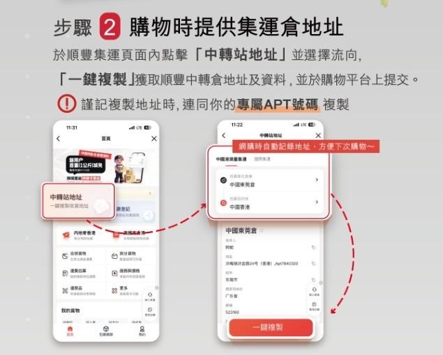步驟二:購物時提供集運倉地址。(順豐提供)
