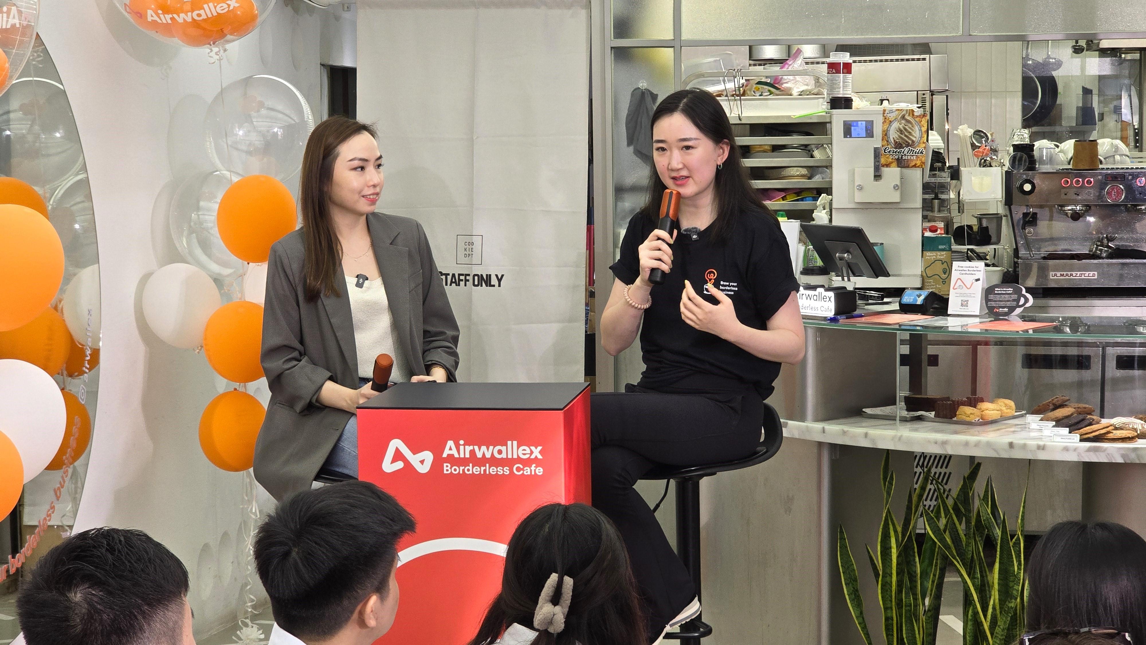 快閃店開幕活動上,Airwallex聯合創辦人劉月婷Lucy(右)分享了設立快閃咖啡店的靈感源由。