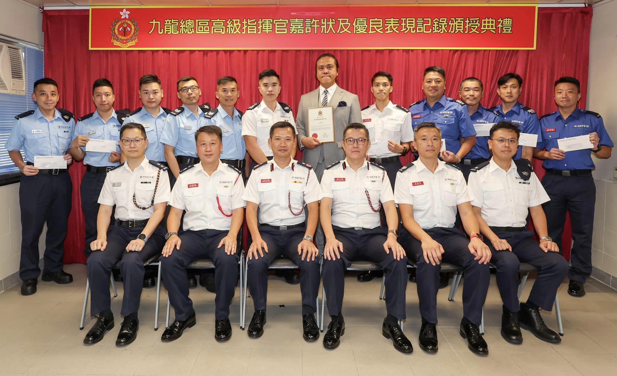 消防處在觀塘消防局舉行九龍總區高級指揮官嘉許狀及優良表現記錄頒授典禮,表揚事件中人員的傑出表現。陸貽聰及陳耀邦(未有出席)獲高級指揮官嘉許狀表揚,5名消防人員獲優良表現紀錄,5名警員獲感謝信。(消防處fb)