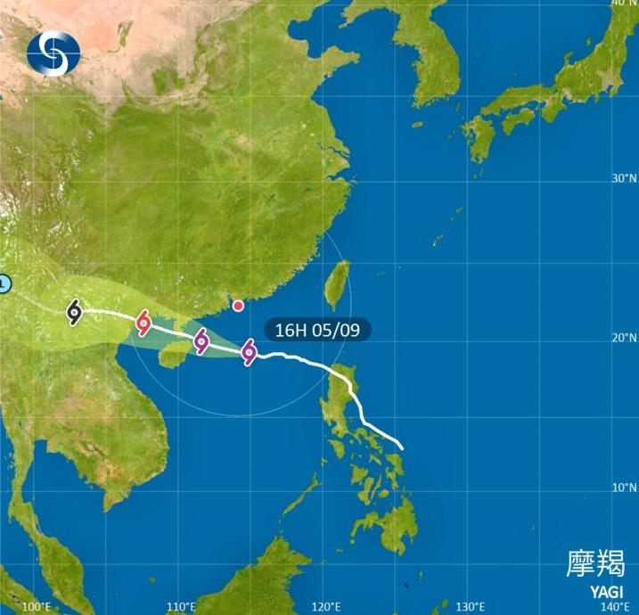 天文台指,按照現時預測,摩羯將維持超強颱風強度,在明早於本港西南300公里左右掠過。(天文台網頁圖片)