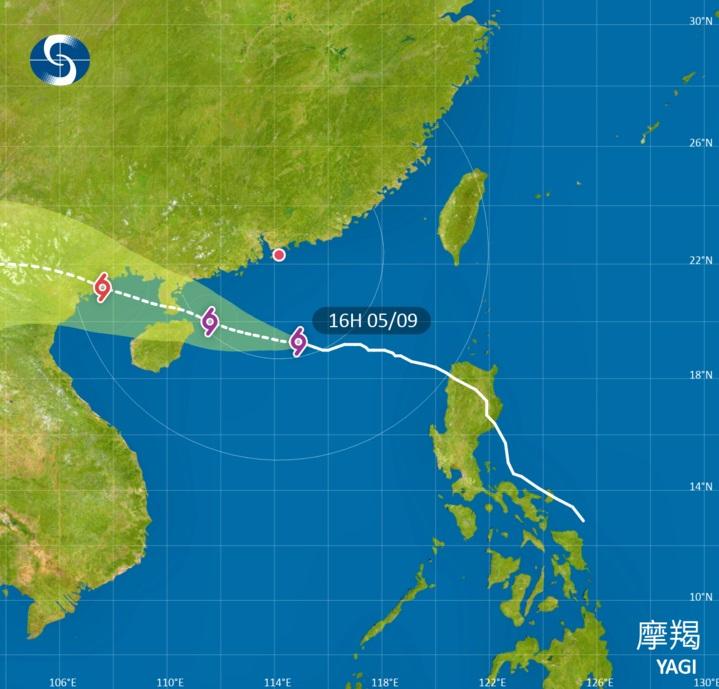 天文台指,按照現時預測,摩羯將維持超強颱風強度,在明早於本港西南300公里左右掠過。(天文台網頁圖片)