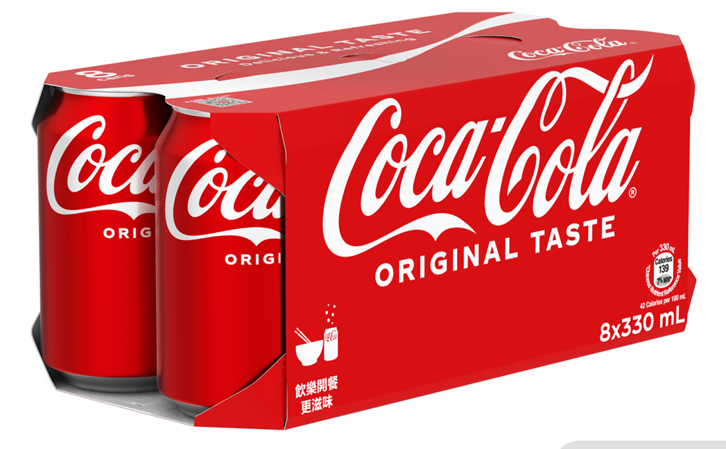 可口可樂汽水330毫升(8罐裝) 標準價:$80/2件 優惠價: $54/2件 折實:$47.5/2件