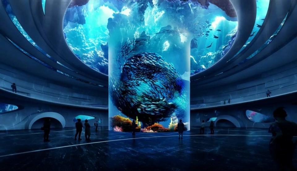 深圳小梅沙海洋世界有全國最大圓柱水族缸,數十萬沙甸魚蔟擁一團,非常壯觀。(圖片來源:小梅沙官方視頻 )