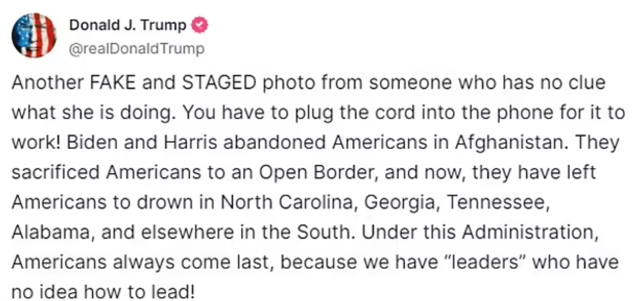 特朗普在自家社交平台公開質疑賀錦麗「擺拍」、「扮工」。(互聯網)