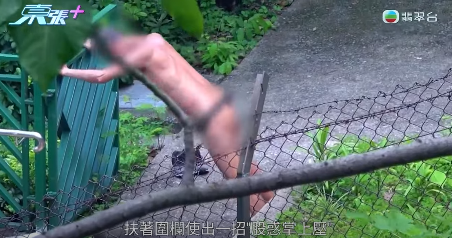 《東張西望》周一(7日)報道一名老翁於長沙灣李鄭屋邨球場內赤裸上身跑步,其後裸露下半身曬太陽,其中主持更與該名男子追逐。(影片截圖)