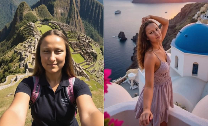 網上流傳照片,指一名女子(右)跟名畫中的蒙娜麗莎撞樣。(互聯網)