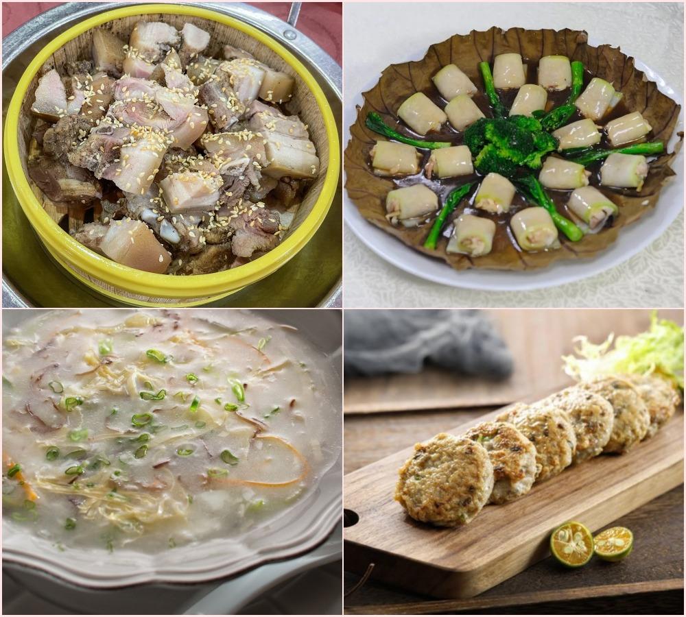 關帝侯王出遊後,均安人都會聚首一堂吃各式均安美食,圖左上為均安蒸豬、下為拆魚羮、圖右上為媽祖菜、下為均安魚餅。(網上圖片)