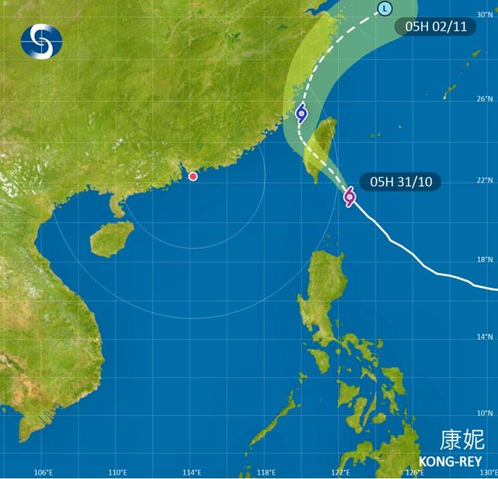天文台指,「康妮」在未來一兩日持續與香港保持超過500公里距離,對本港直接威脅不大。(香港天文台)