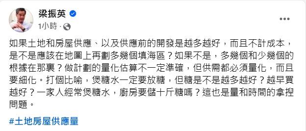 梁振英今再在社交平台發文討論土地供應問題。(梁振英fb截圖)