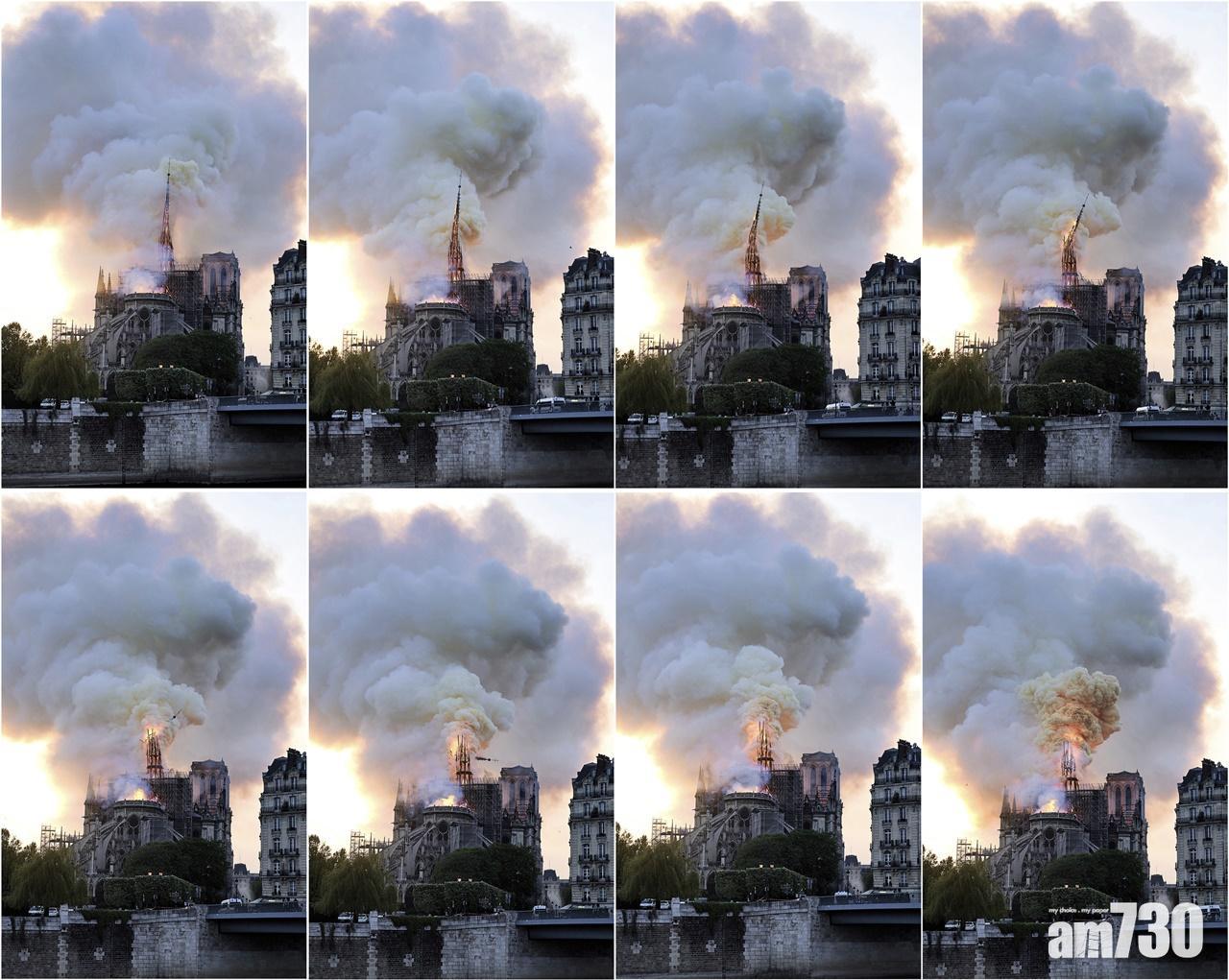 巴黎聖母院在2019年4月大火,屋頂和塔尖在突發大火中被燒燬。(資料圖片)