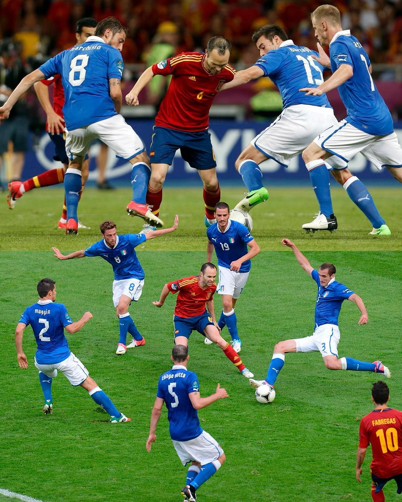 恩尼斯達(Andres Iniesta)在2012歐洲國家盃中,被馬治斯奧等意大利球員包圍一幕成為經典。(恩尼斯達FB)