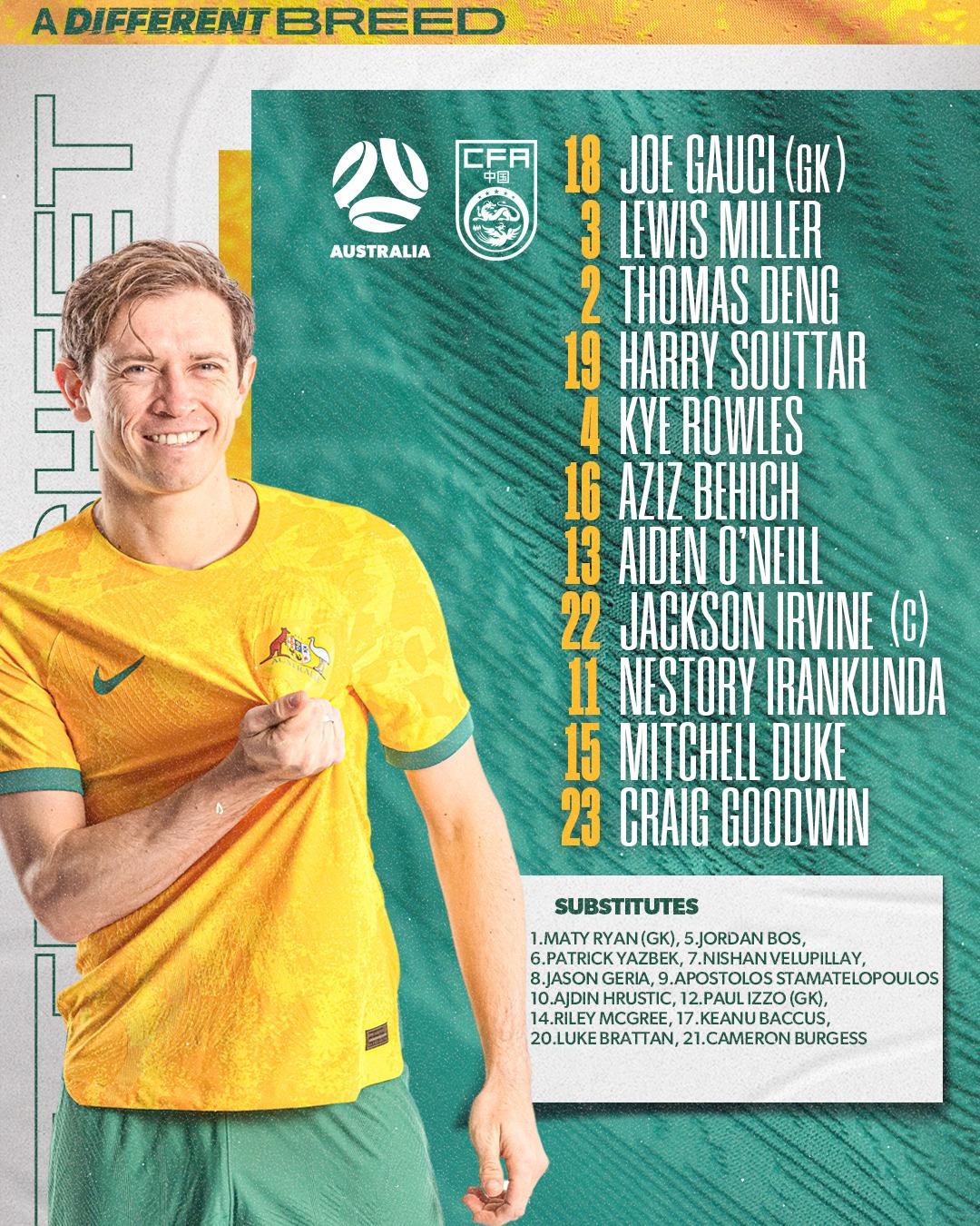 澳洲足球隊對中國正選陣容,拜仁新星伊蘭昆達擔正。(澳洲足球隊fb)