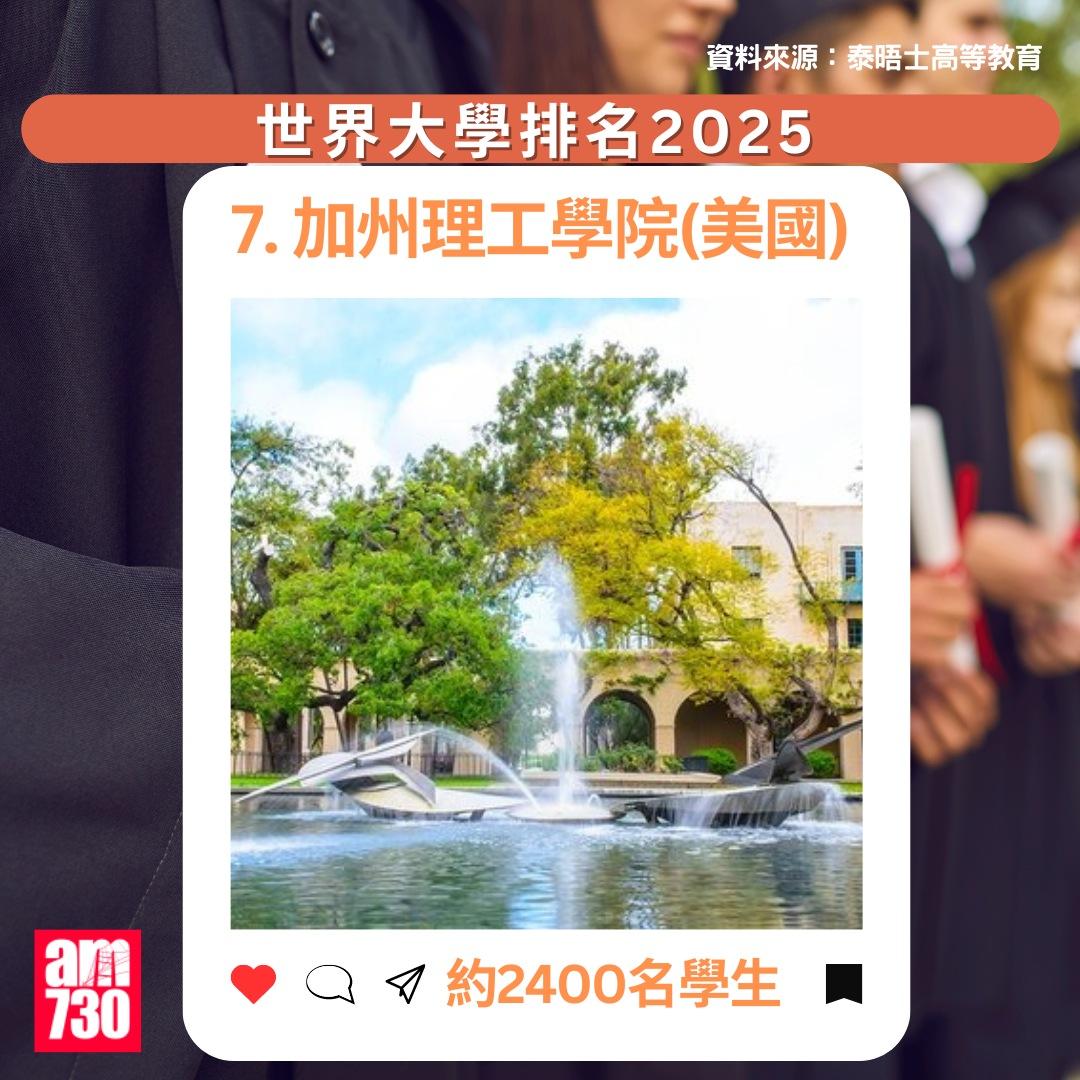 THE大學排名2025|加州理工學院(美國),排第7(am730製圖)